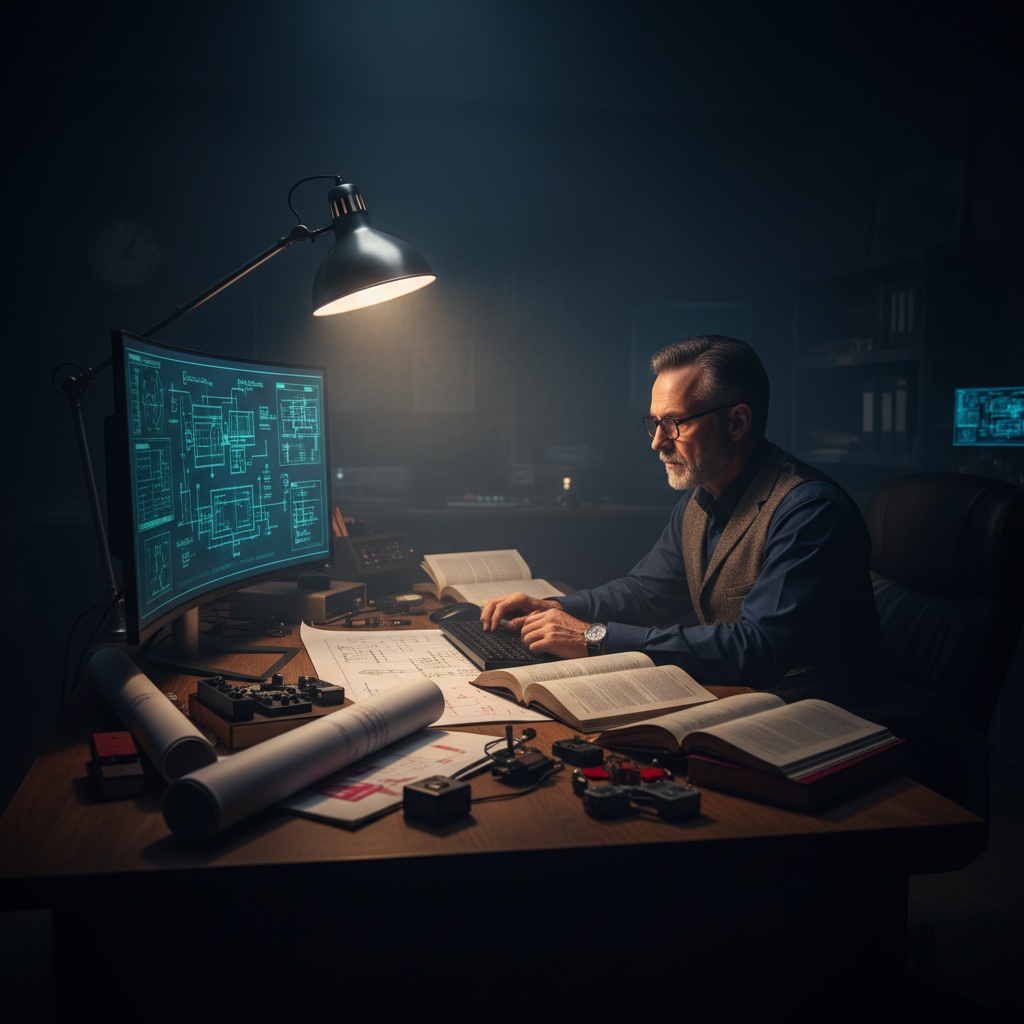 Главный инженер за рабочим столом со схемами систем