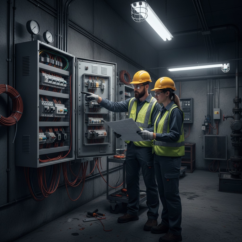 Специалисты у электрощита